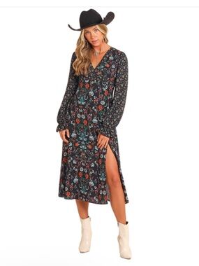 Rock & Roll Cowgirl Floral Long-Sleeve V-Neck Midi Dress - Black Floral